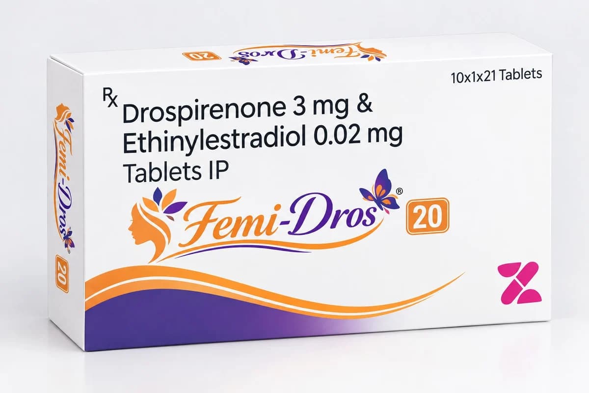 Femi-Dros 20 carton — Drospirenone 3 mg and Ethinylestradiol 0.02 mg Tablets IP, 10 x 1 x 21 tablets, bearing the Zafieon Pharma mark