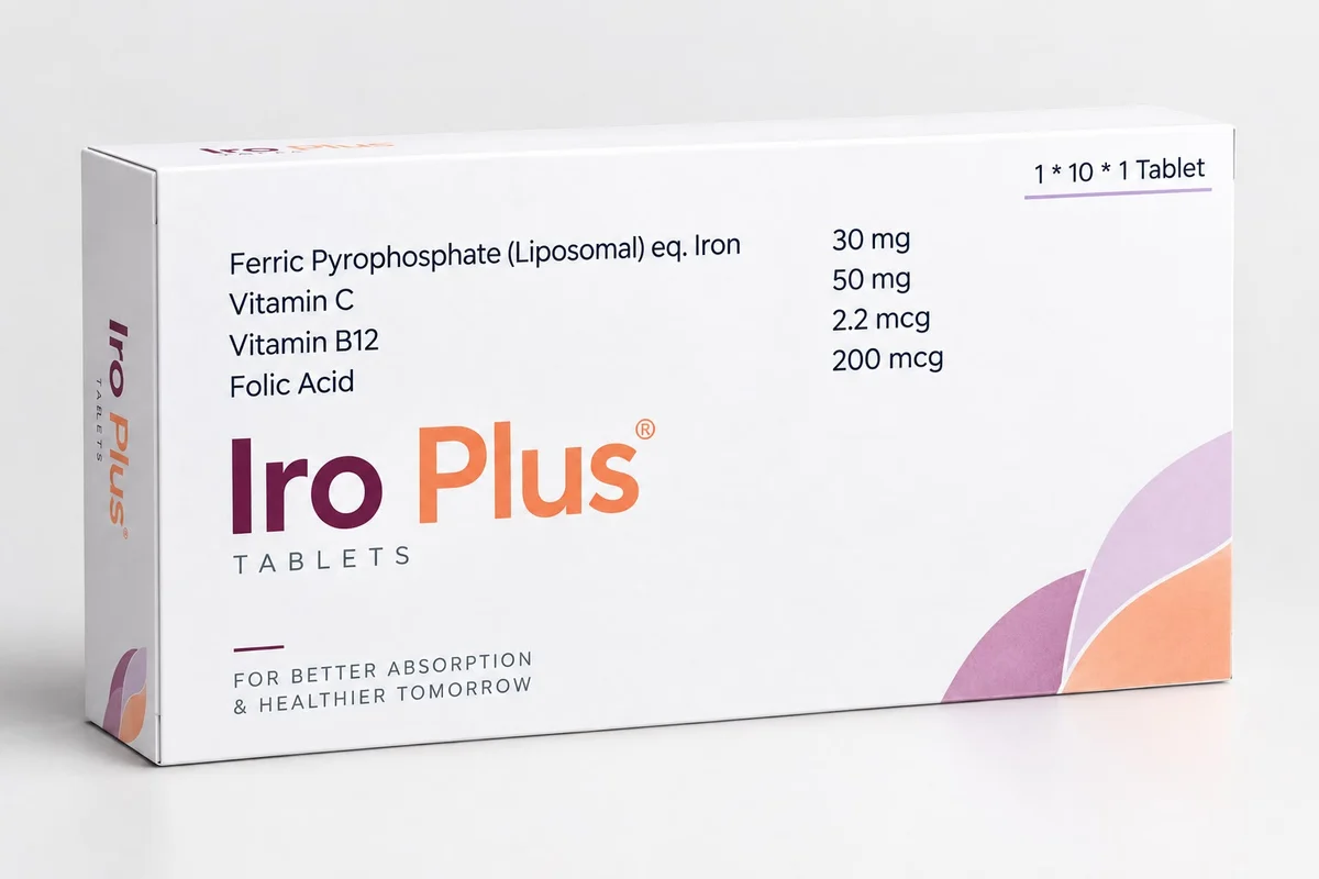 Iro Plus carton — Ferric Pyrophosphate (Liposomal) eq. Iron 30 mg, Vitamin C, Vitamin B12 and Folic Acid tablets, 1 x 10 x 1