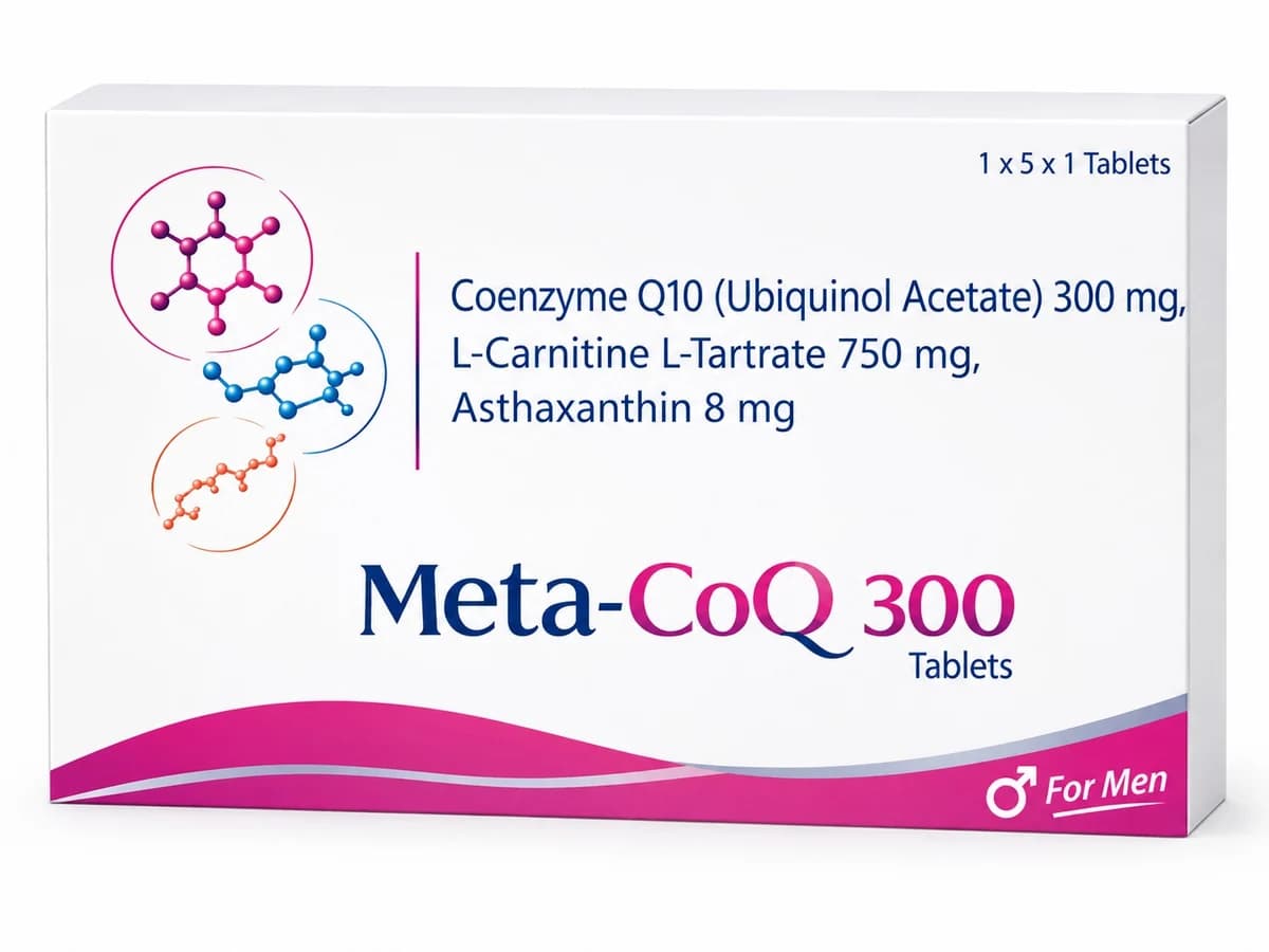 Meta-CoQ 300 carton for men — Coenzyme Q10, L-Carnitine L-Tartrate and Astaxanthin tablets, 1 x 5 x 1