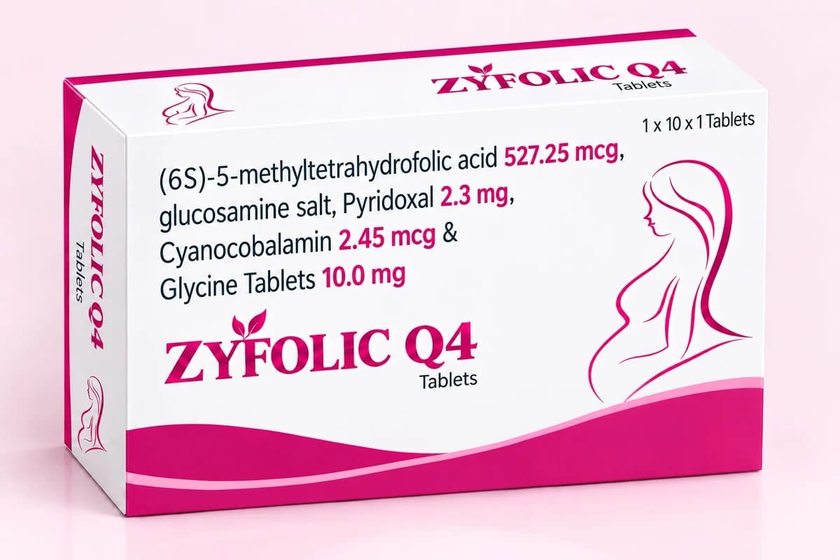 Zyfolic Q4 carton — (6S)-5-methyltetrahydrofolic acid glucosamine salt, Pyridoxal, Cyanocobalamin and Glycine tablets, 1 x 10 x 1